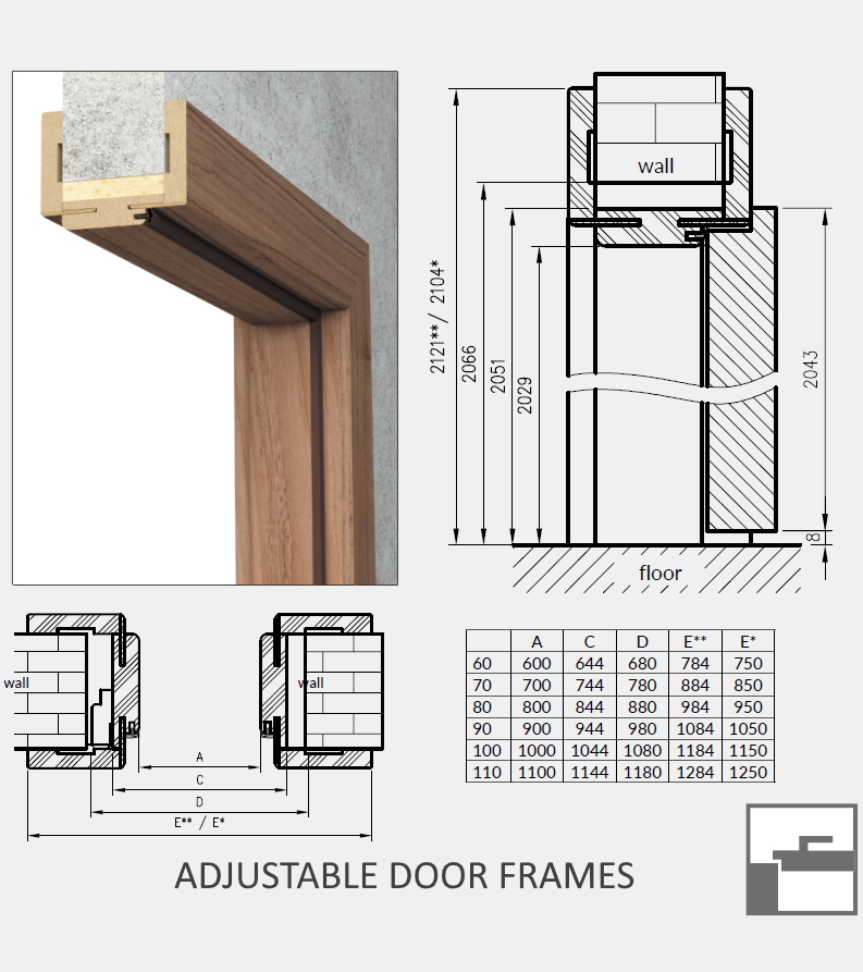 Adjustable door frame. Rebated